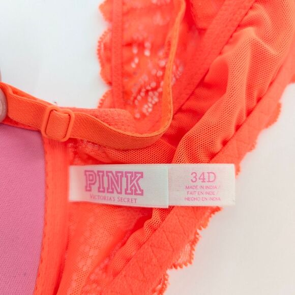 Victorias Secret Pink Neon Orange Lace Date Racerback Front Clasp Bra Size 34D - Picture 4 of 6
